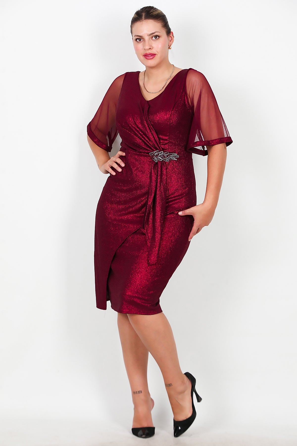 Büyük Beden Tül Kol Bel Aksesuarlı Midi Boy Abiye  Bordo