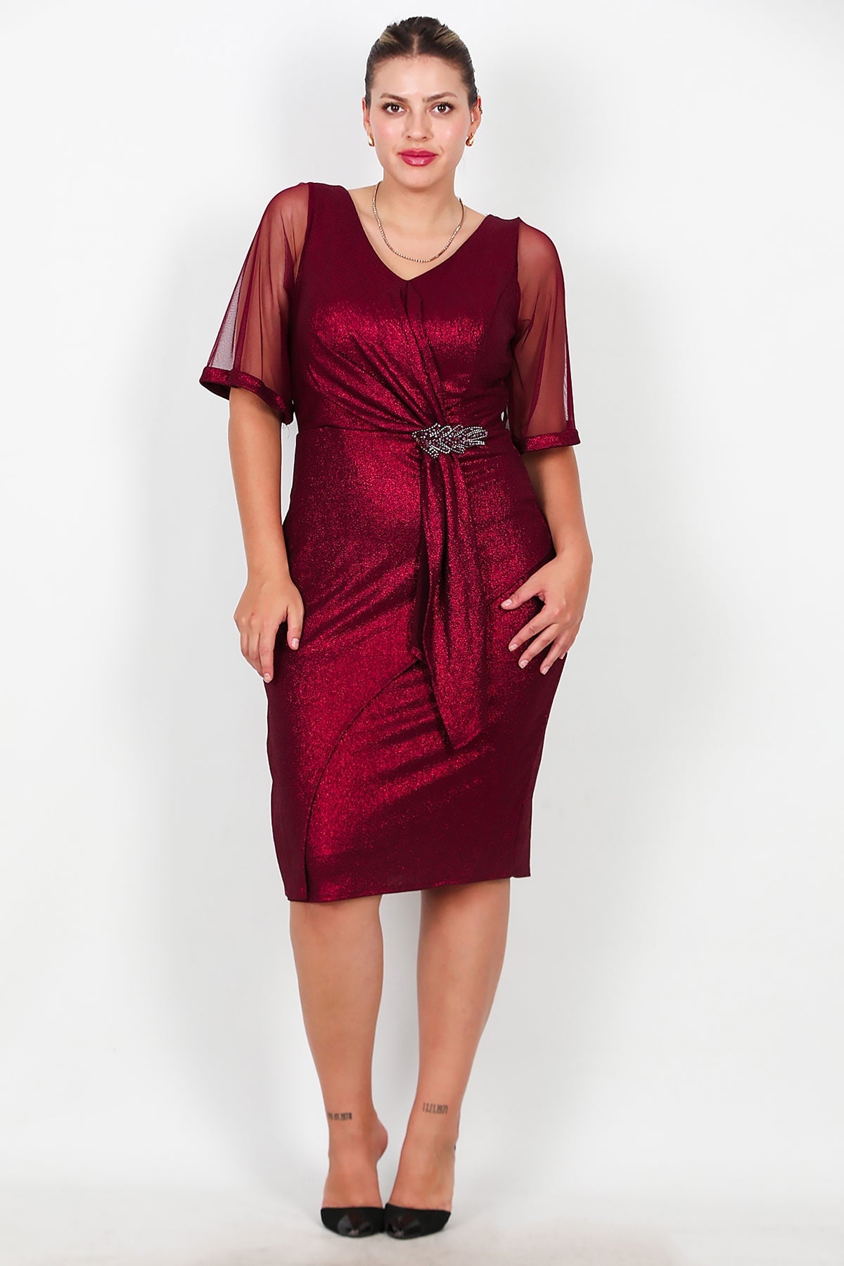 Büyük Beden Tül Kol Bel Aksesuarlı Midi Boy Abiye  Bordo