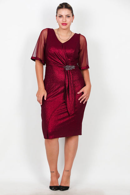 Büyük Beden Tül Kol Bel Aksesuarlı Midi Boy Abiye  Bordo