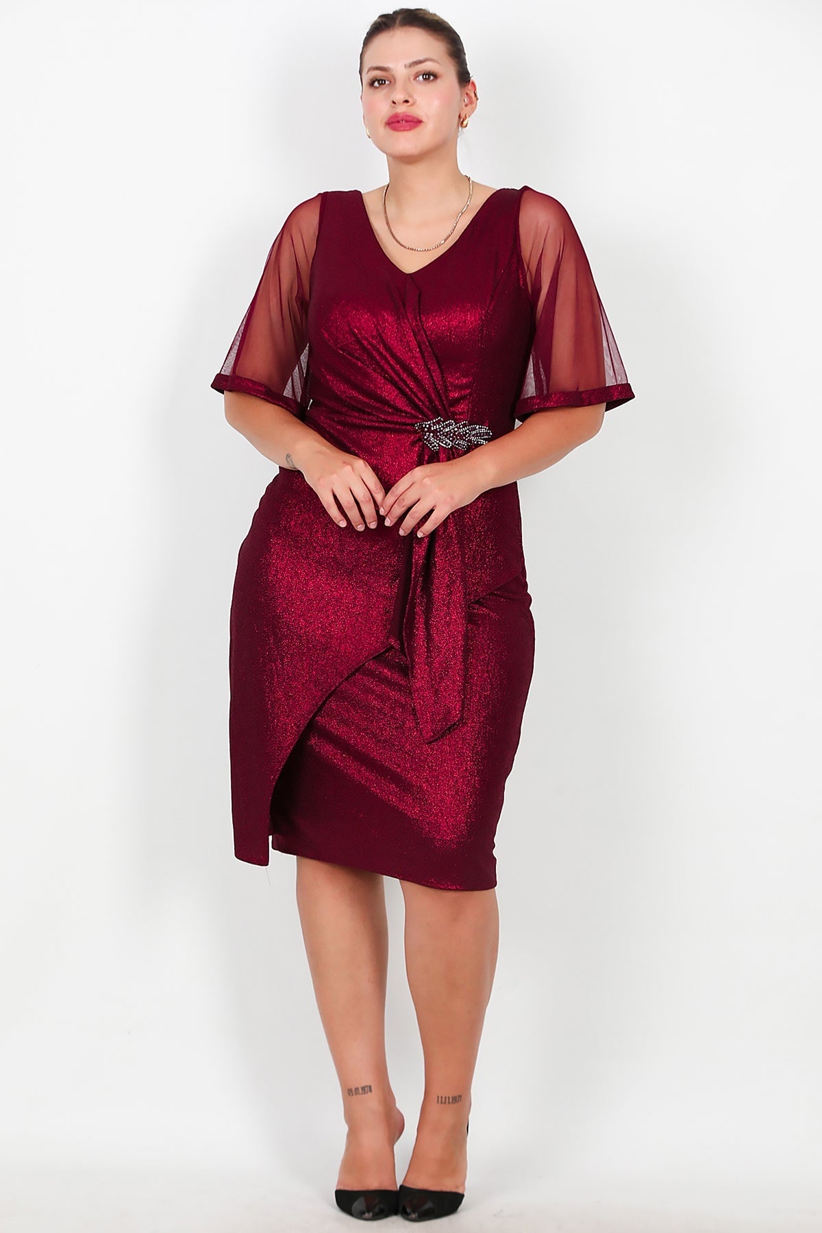 Büyük Beden Tül Kol Bel Aksesuarlı Midi Boy Abiye  Bordo