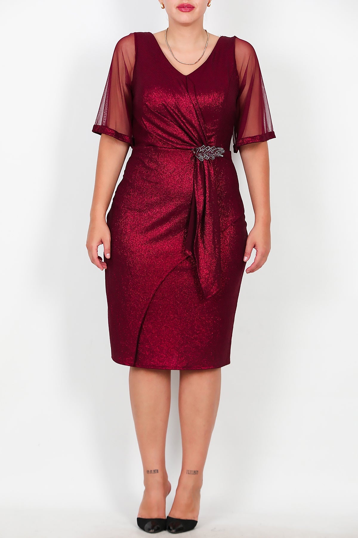 Büyük Beden Tül Kol Bel Aksesuarlı Midi Boy Abiye  Bordo