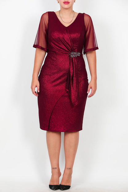 Büyük Beden Tül Kol Bel Aksesuarlı Midi Boy Abiye  Bordo