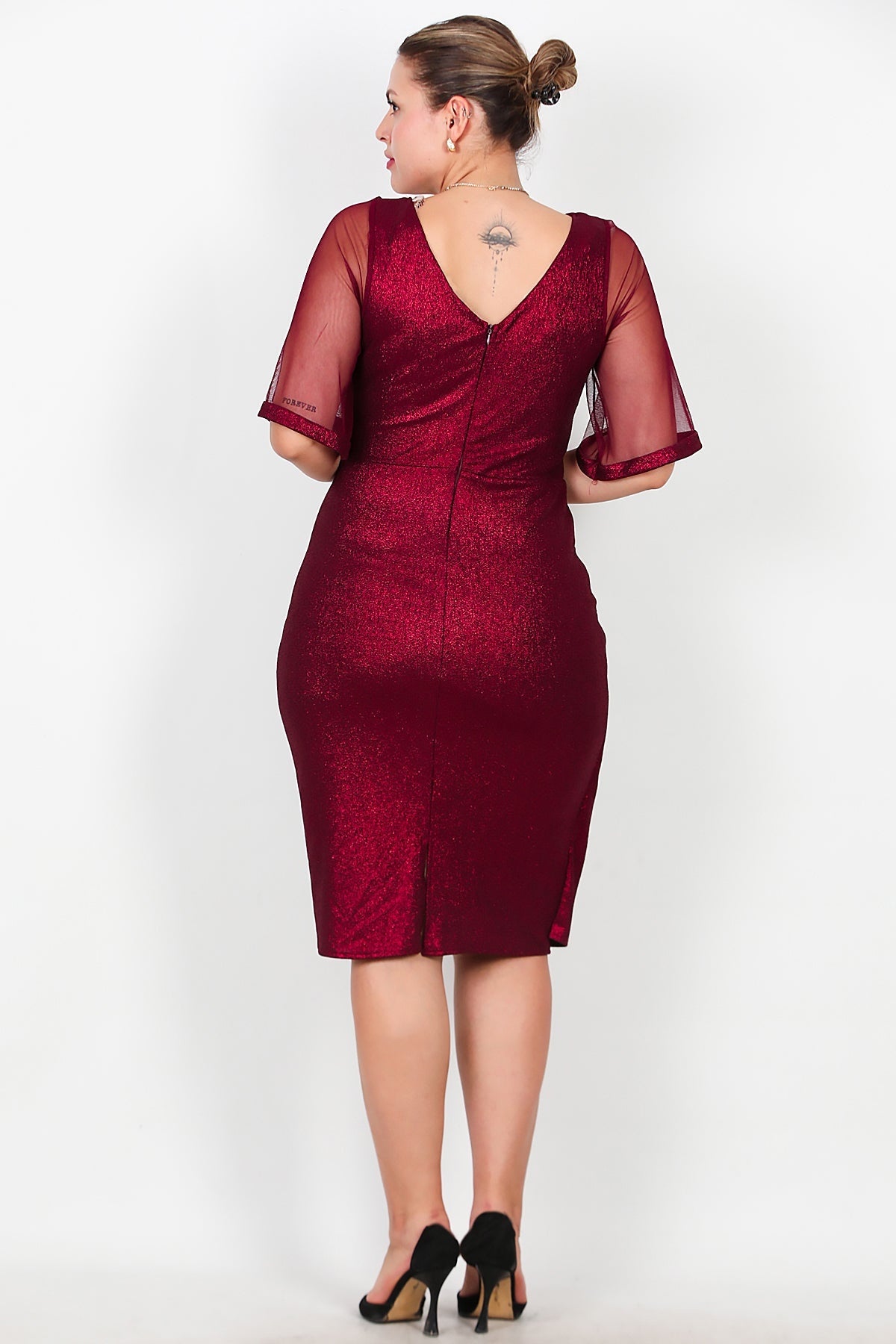 Büyük Beden Tül Kol Bel Aksesuarlı Midi Boy Abiye  Bordo