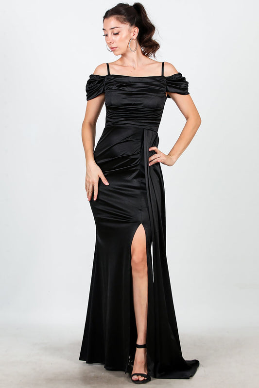 Kadın Düşük Omuz Saten Uzun Abiye  Siyah