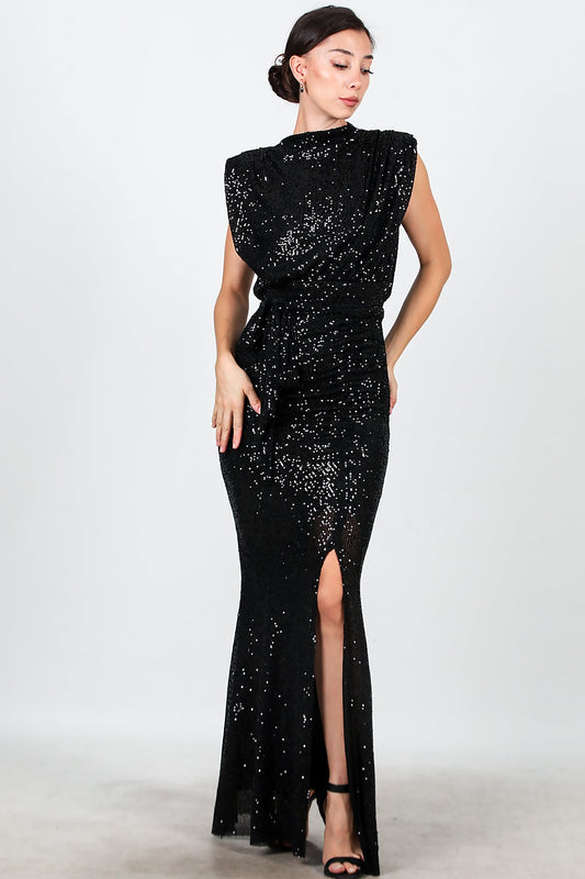 Kadın Yırtmaçlı Kuşaklı Uzun Abiye  Siyah