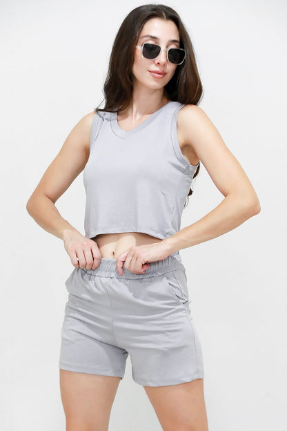 Kadın V Yaka Askılı Şortlu Takım  Gri