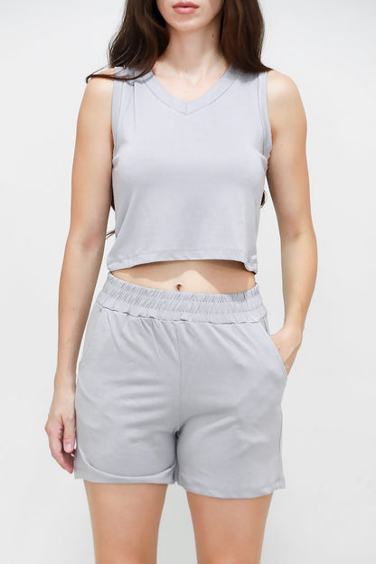 Kadın V Yaka Askılı Şortlu Takım  Gri