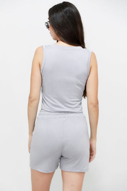 Kadın V Yaka Askılı Şortlu Takım  Gri