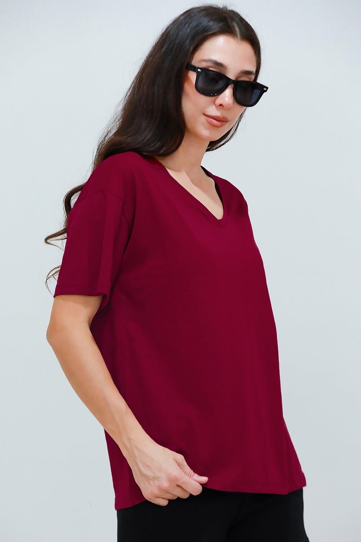 Kadın V Yaka Owersize Tshırt  Bordo
