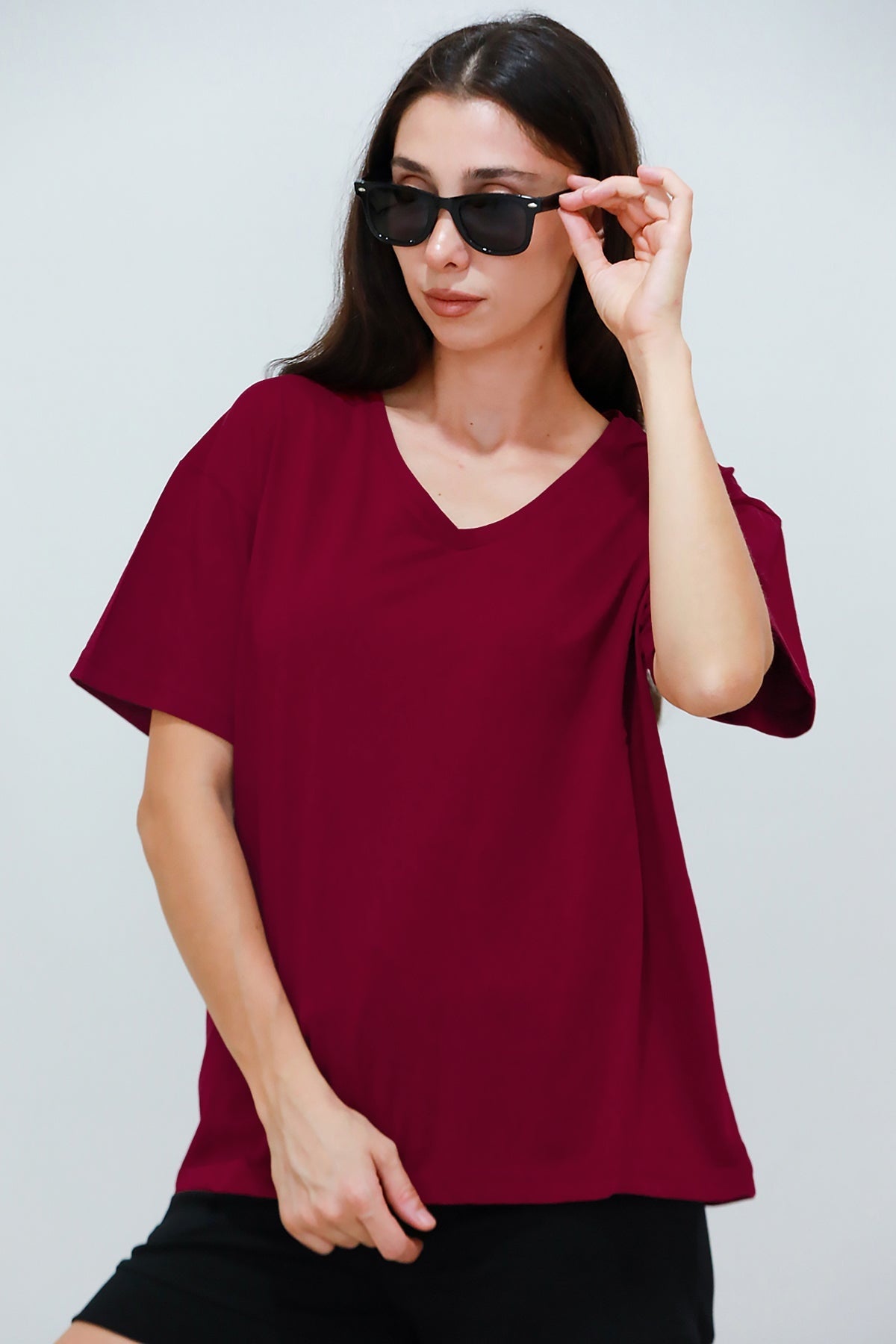 Kadın V Yaka Owersize Tshırt  Bordo