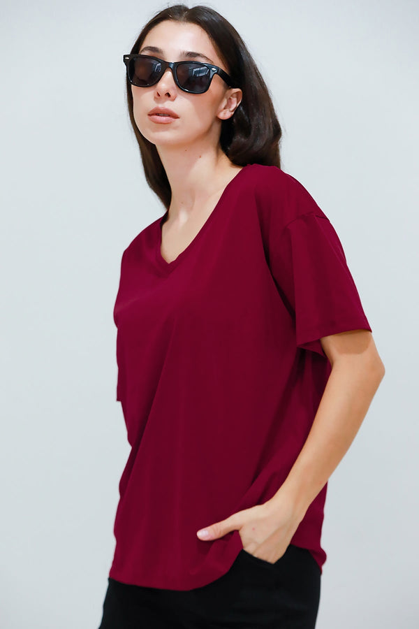 Kadın V Yaka Owersize Tshırt  Bordo