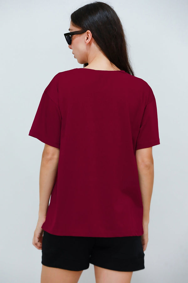 Kadın V Yaka Owersize Tshırt  Bordo