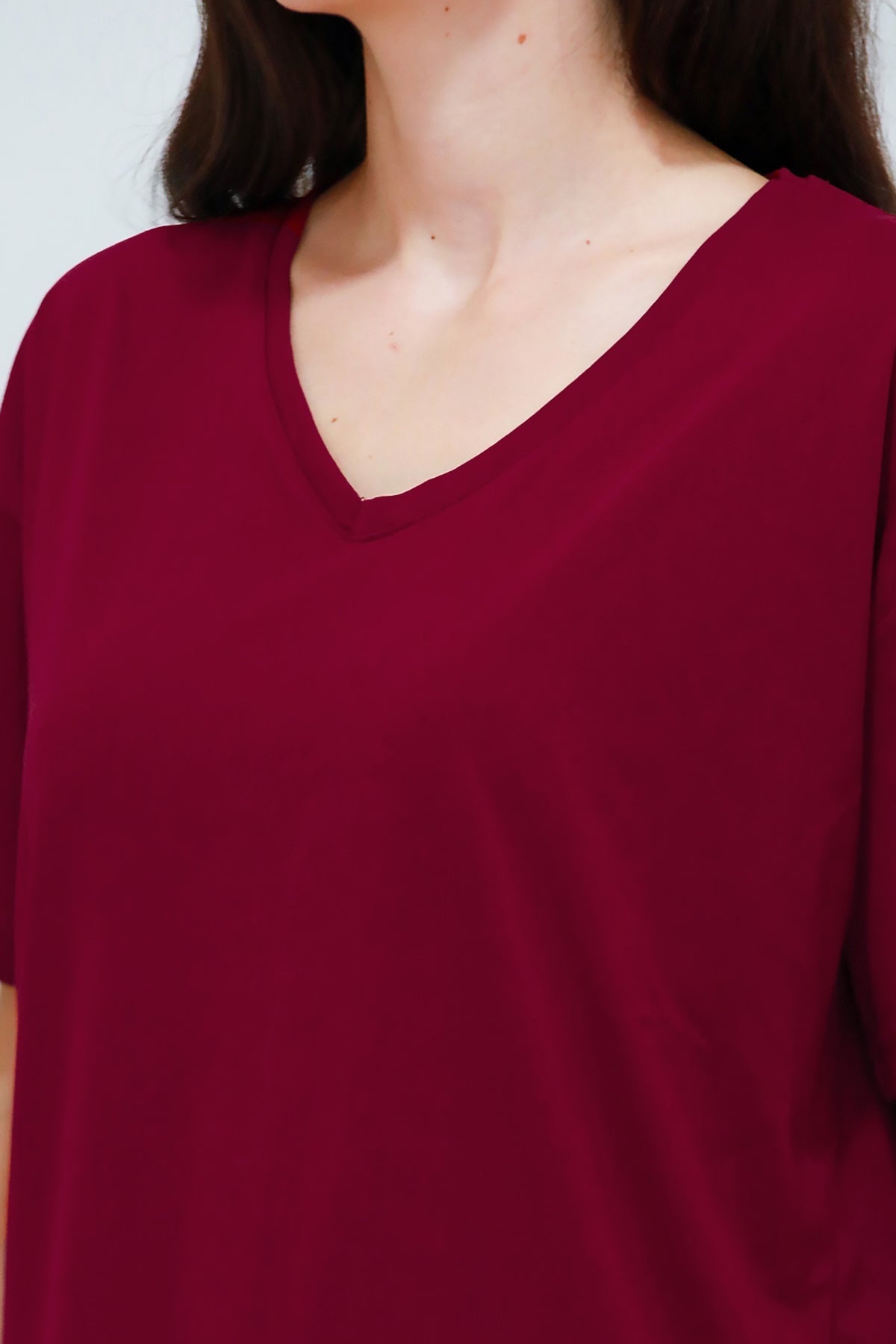 Kadın V Yaka Owersize Tshırt  Bordo