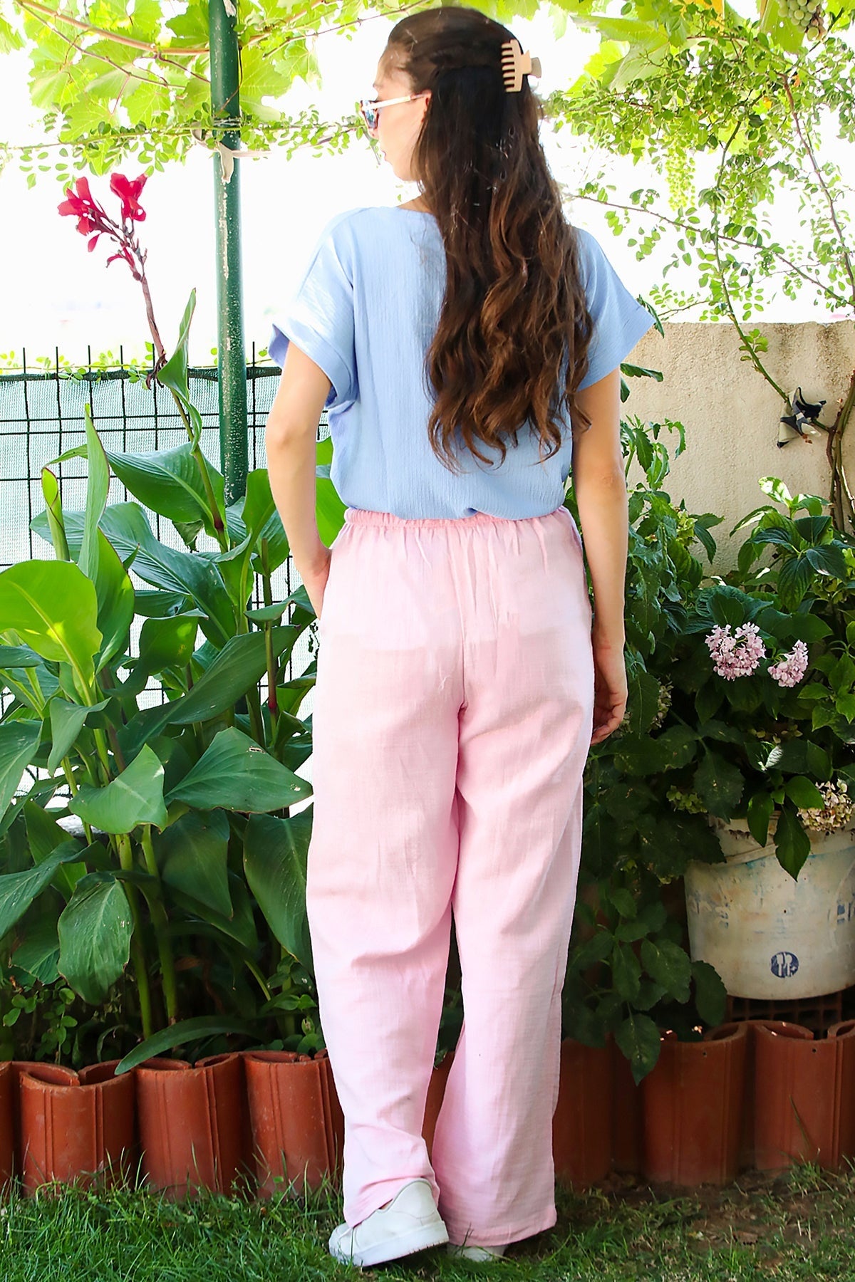 Kadın Bol Paça Keten Pantolon  Pembe