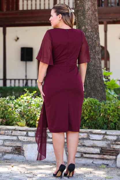 Büyük Beden Bel Aksesuar Şifon Kısa Abiye  Bordo
