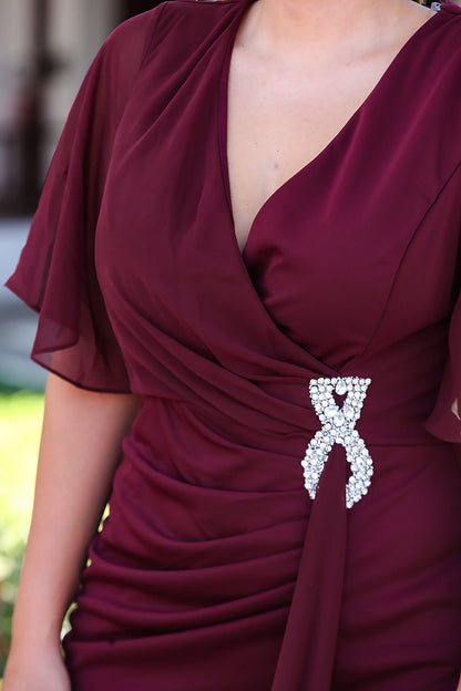 Büyük Beden Bel Aksesuar Şifon Kısa Abiye  Bordo