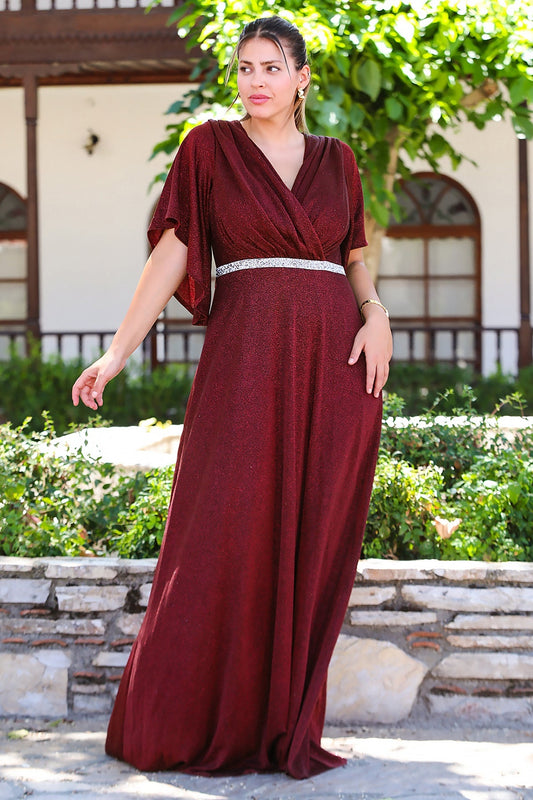 Büyük Beden Beli Taş Şeritli Uzun Abiye  Bordo