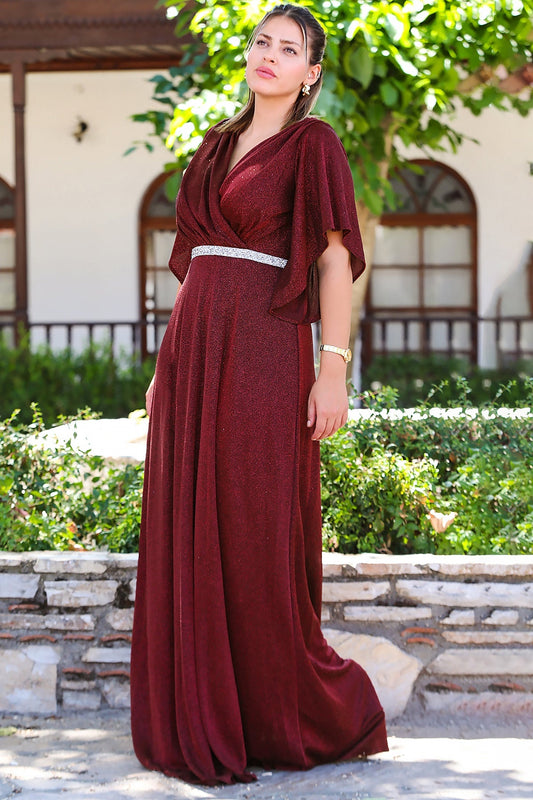 Büyük Beden Beli Taş Şeritli Uzun Abiye  Bordo
