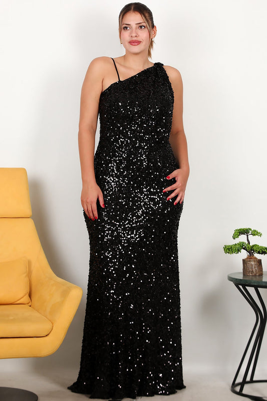 Büyük Beden Tek Omuz Uzun Pullu Abiye  Siyah