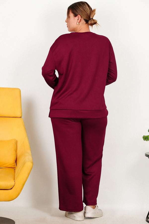 Büyük Beden Çimalı Uzun Kol Takım  Bordo