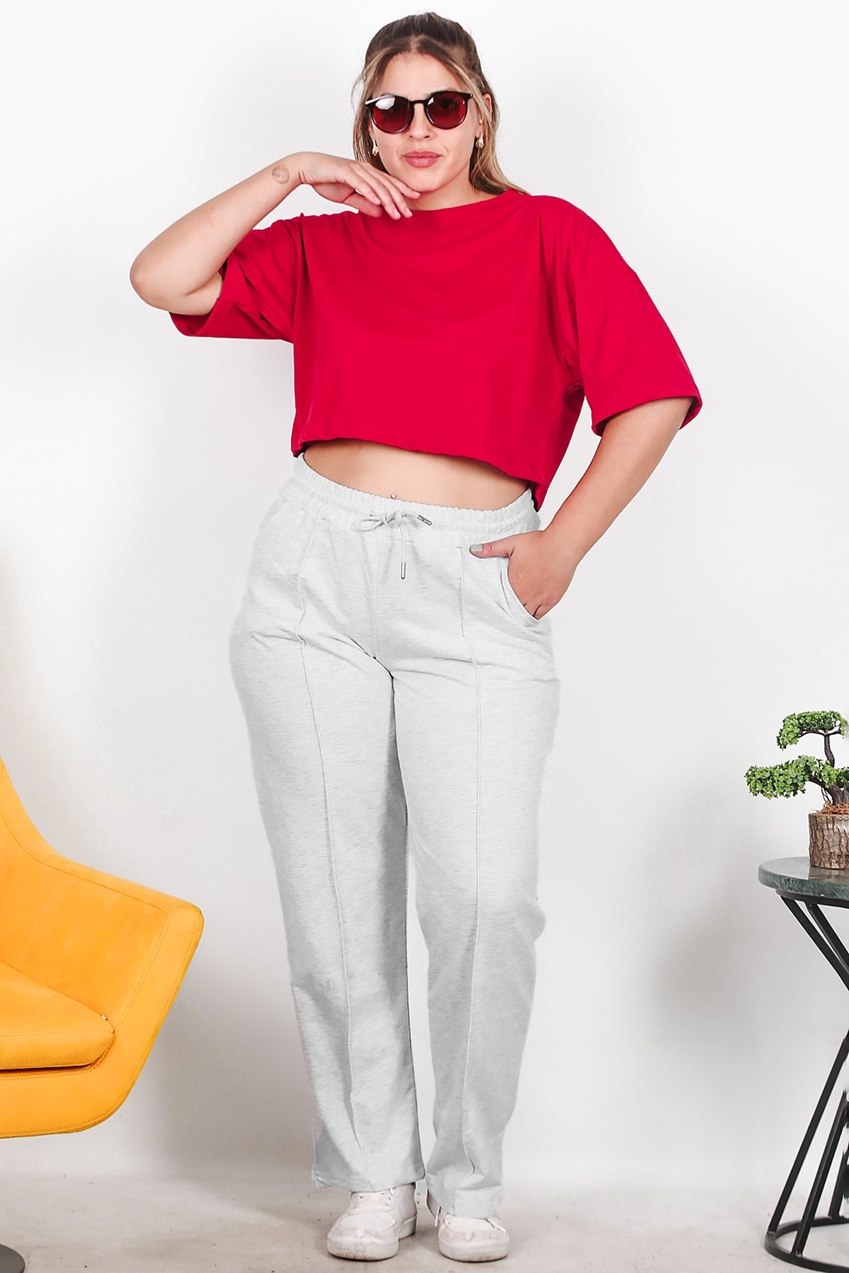 Büyük Beden Çimalı Düz Paça Eşofman  Gri