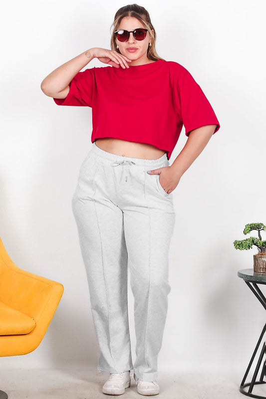 Büyük Beden Çimalı Düz Paça Eşofman  Gri