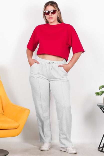 Büyük Beden Çimalı Düz Paça Eşofman  Gri