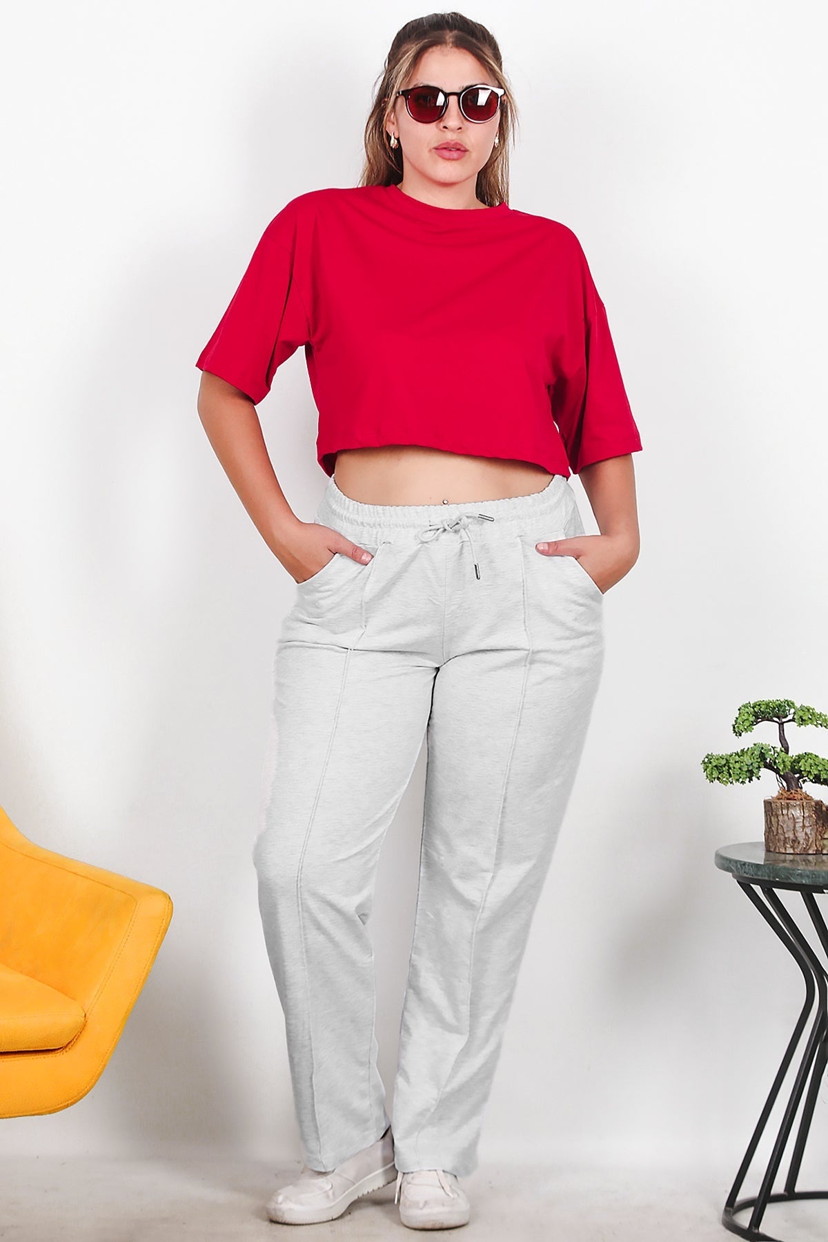 Büyük Beden Çimalı Düz Paça Eşofman  Gri