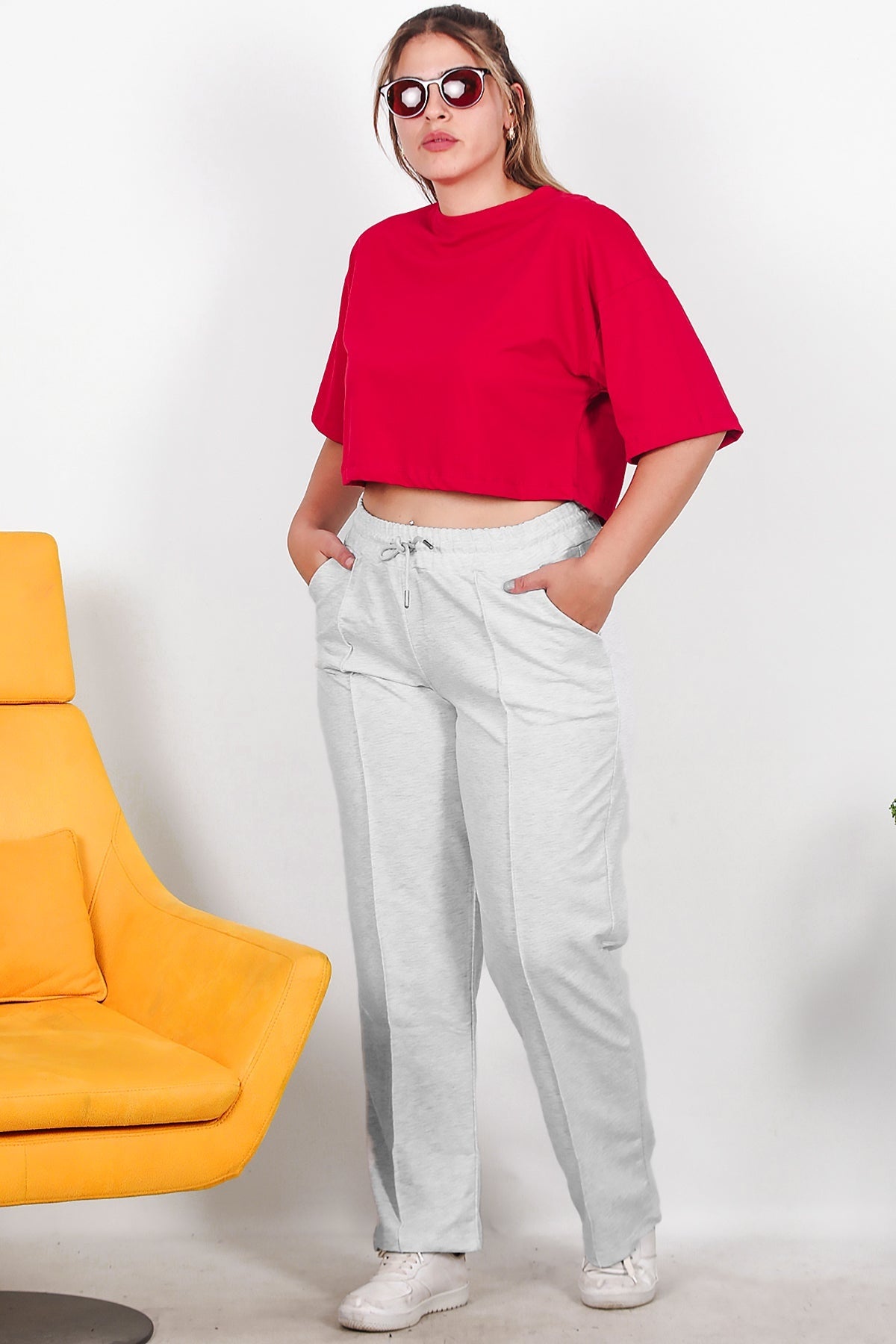 Büyük Beden Çimalı Düz Paça Eşofman  Gri