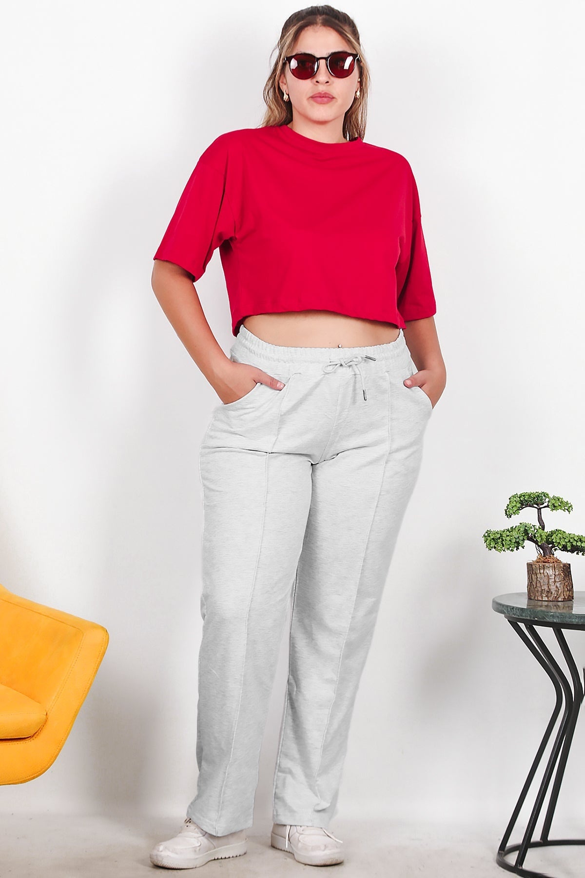 Büyük Beden Çimalı Düz Paça Eşofman  Gri