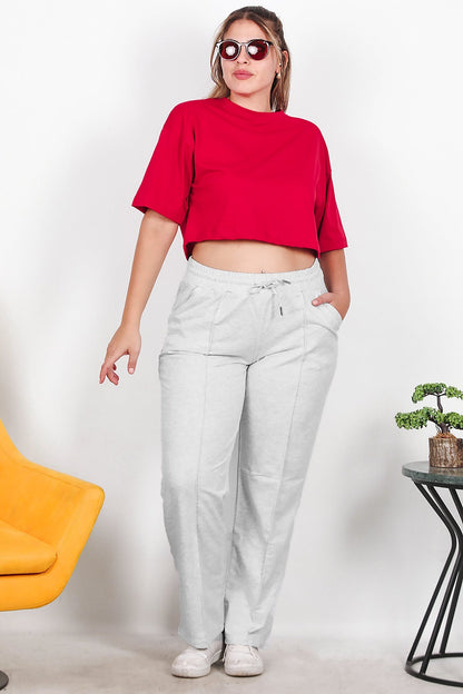 Büyük Beden Çimalı Düz Paça Eşofman  Gri