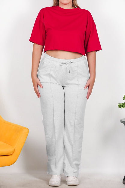 Büyük Beden Çimalı Düz Paça Eşofman  Gri