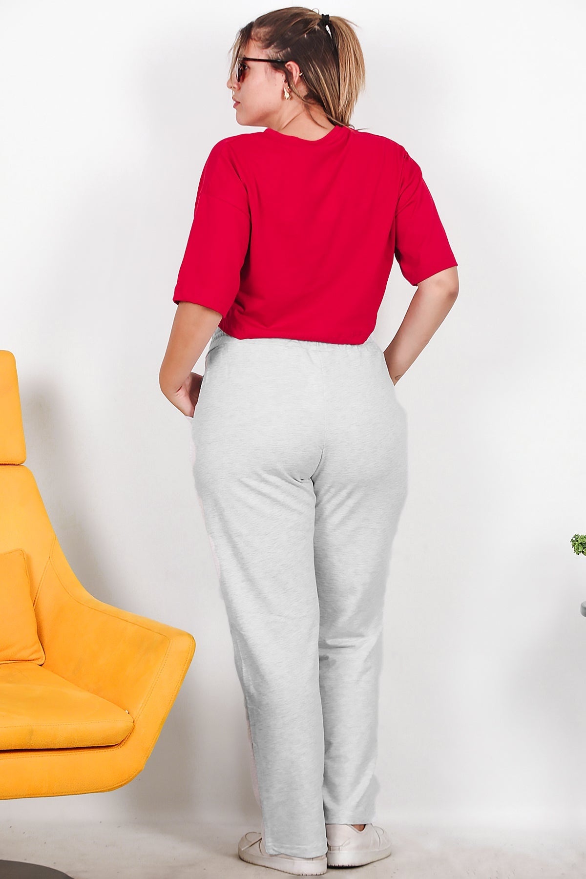 Büyük Beden Çimalı Düz Paça Eşofman  Gri