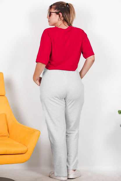 Büyük Beden Çimalı Düz Paça Eşofman  Gri