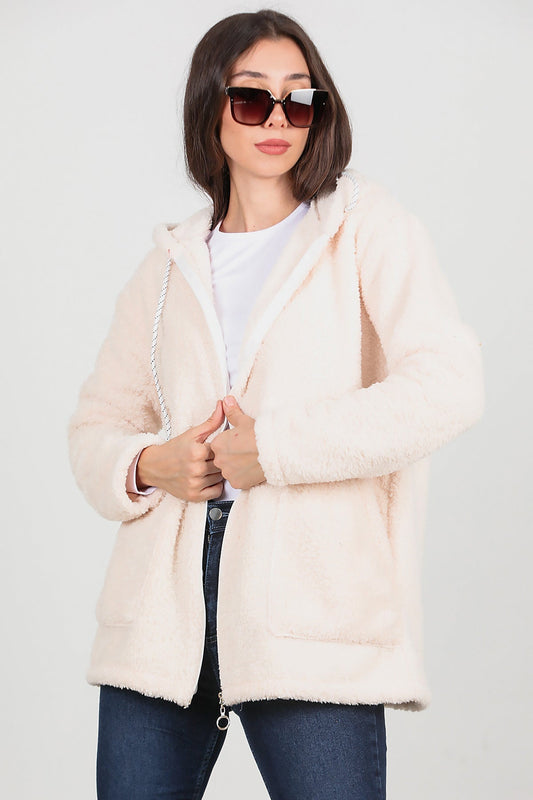 Kadın Kapşonlu Fermuarlı Peluş Ceket  Ekru