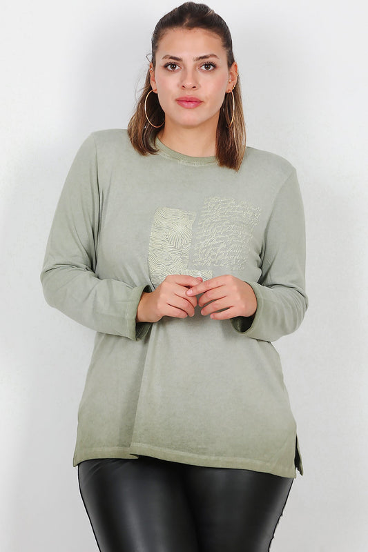 Büyük Beden Bisiklet Yaka Kabartma Yazılı Bluz  Yeşil