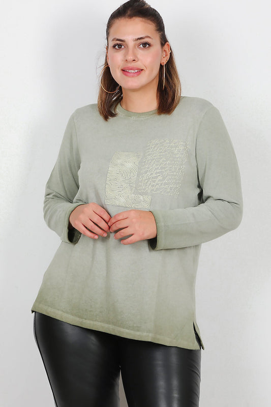 Büyük Beden Bisiklet Yaka Kabartma Yazılı Bluz  Yeşil