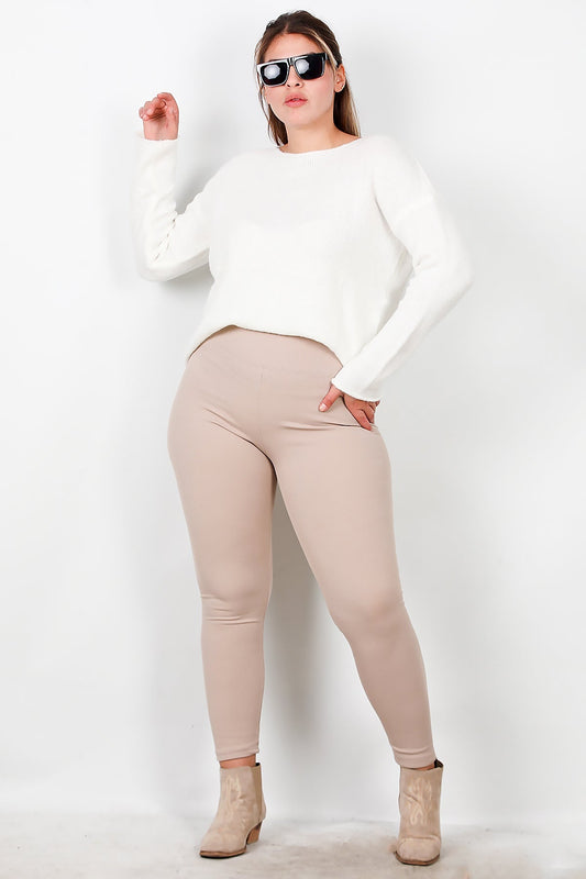 Büyük Beden Yüksek Bel Fitilli Tayt  Bej