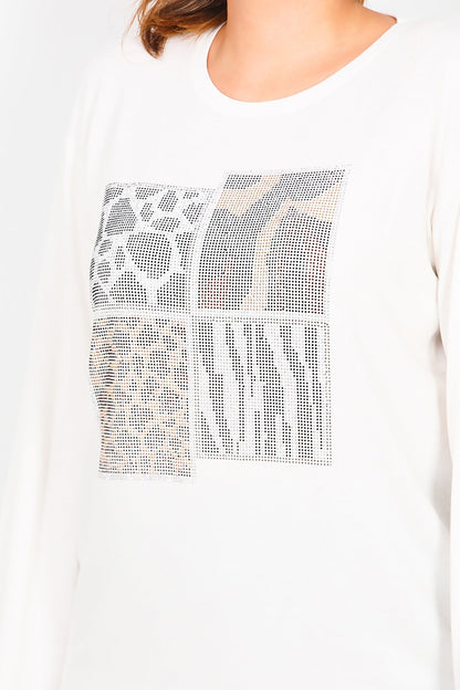 Büyük Beden Leopar Taşlı Uzun Kol Bluz  Ekru