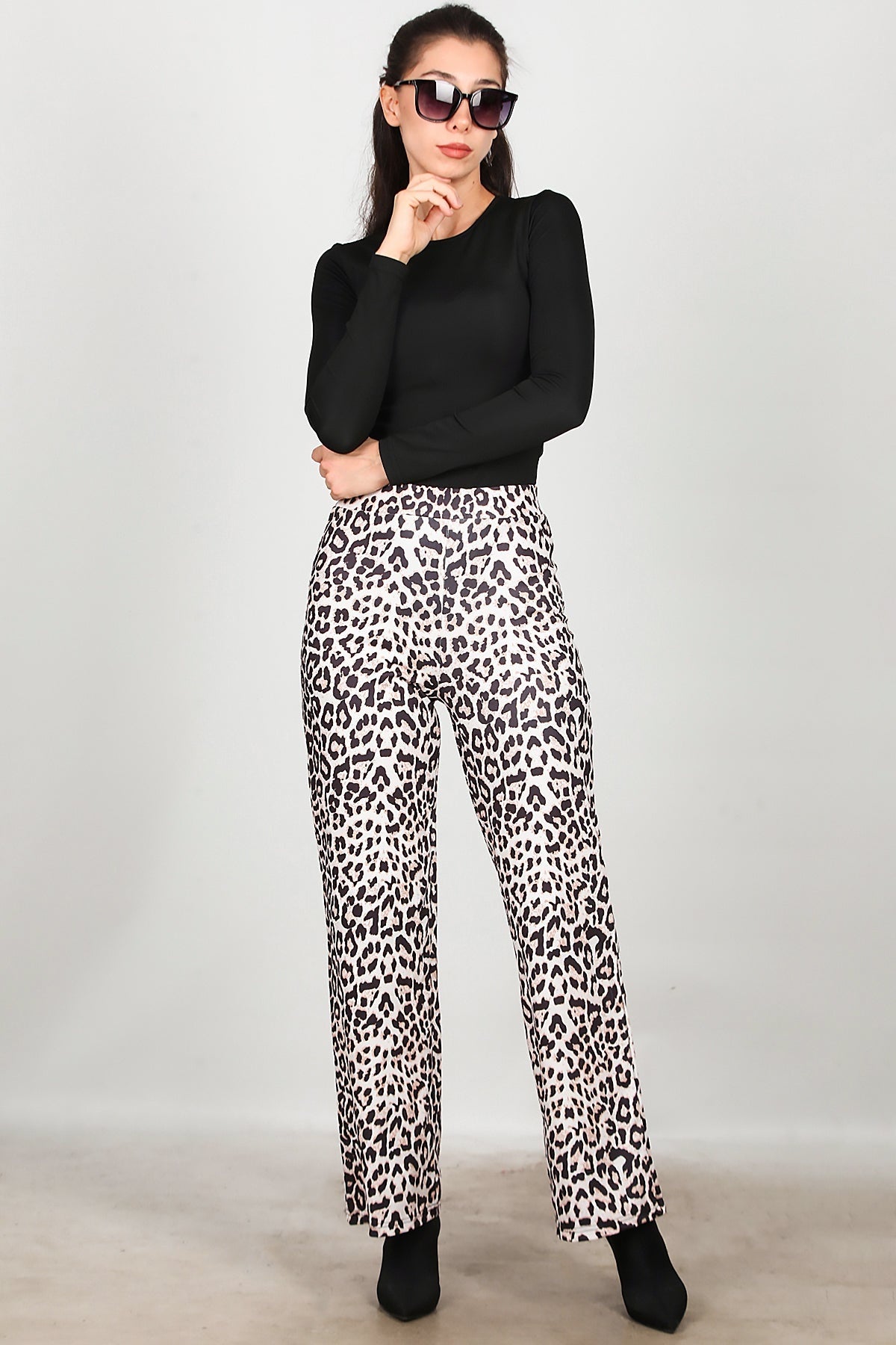 Kadın Leopar Desenli Pantolon  Krem