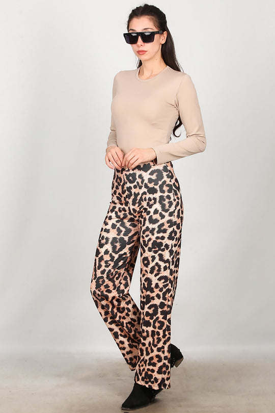Kadın Leopar Desenli Pantolon  Bej