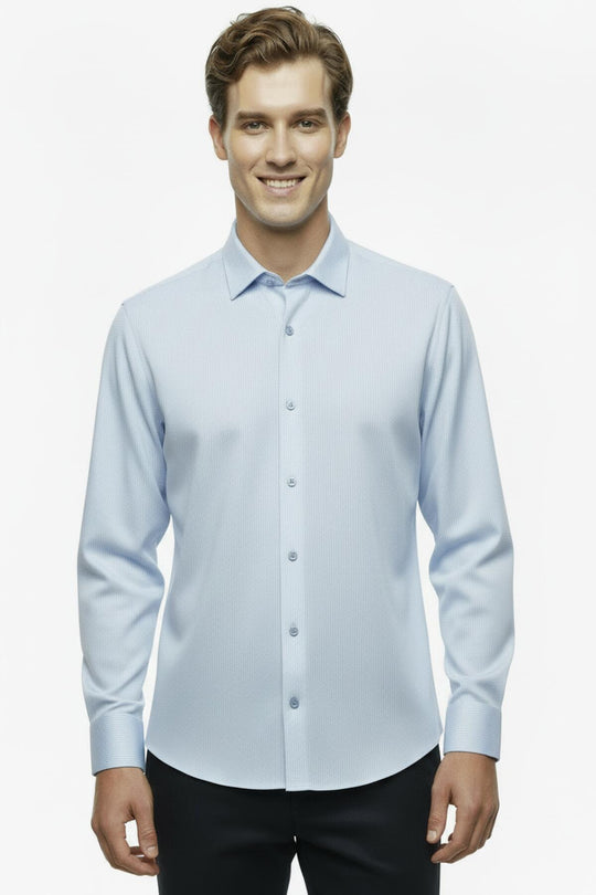 Erkek Slim Fit Çizgili Gömlek  Buz Mavisi