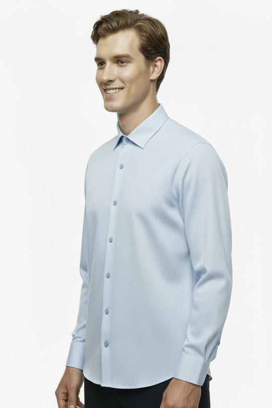 Erkek Slim Fit Çizgili Gömlek  Buz Mavisi
