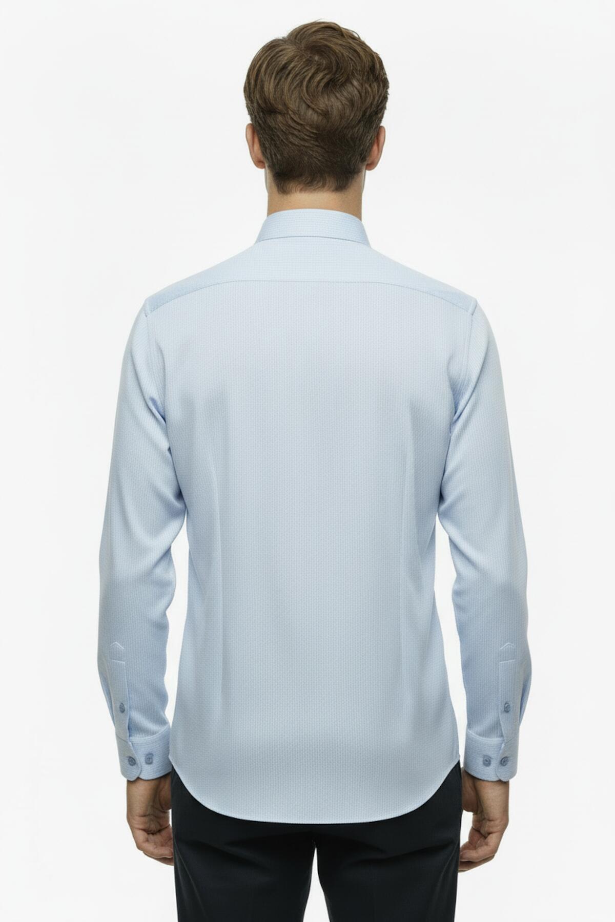 Erkek Slim Fit Çizgili Gömlek  Buz Mavisi