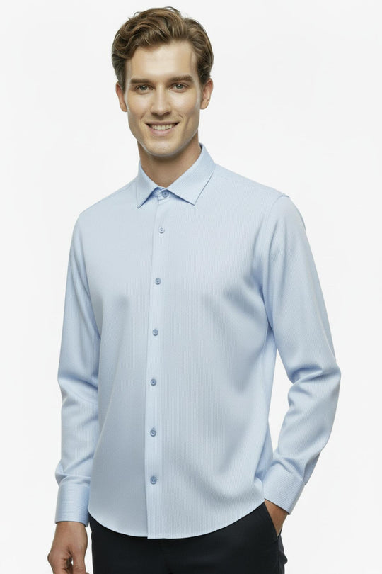 Erkek Slim Fit Çizgili Gömlek  Buz Mavisi