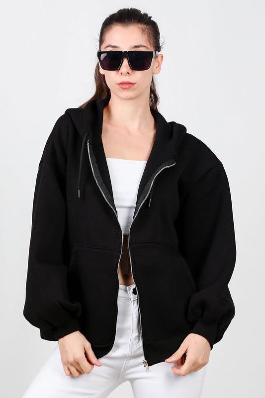 Kadın Kapşonlu Fermuarlı Şardonlu Sweat  Siyah