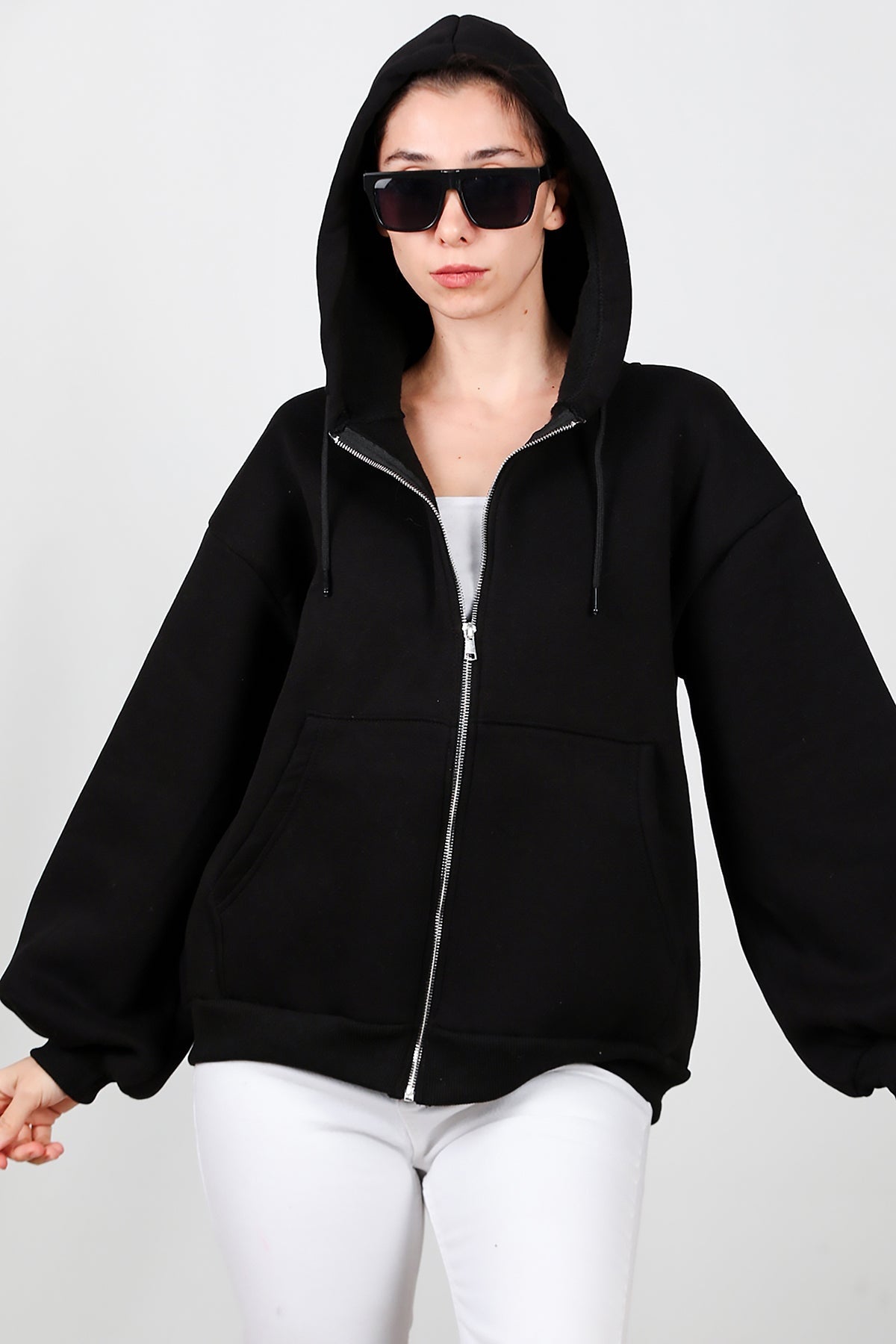 Kadın Kapşonlu Fermuarlı Şardonlu Sweat  Siyah