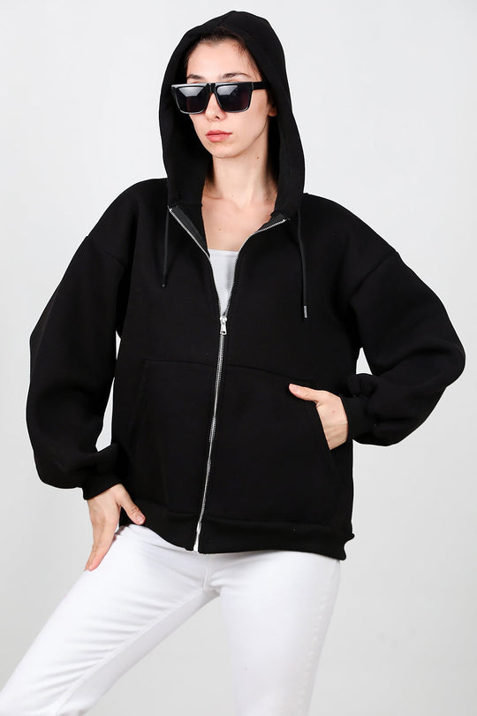 Kadın Kapşonlu Fermuarlı Şardonlu Sweat  Siyah