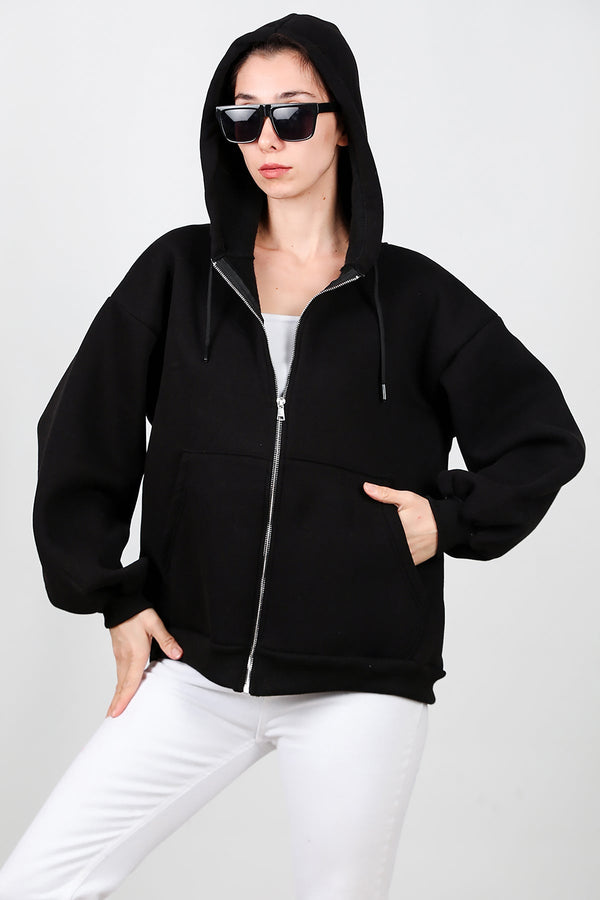Kadın Kapşonlu Fermuarlı Şardonlu Sweat  Siyah