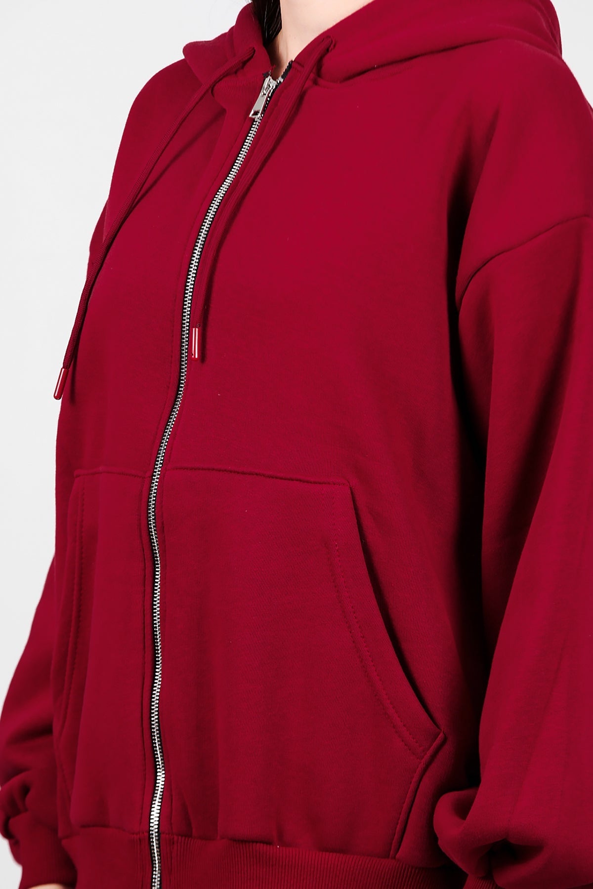Kadın Kapşonlu Fermuarlı Şardonlu Sweat  Bordo